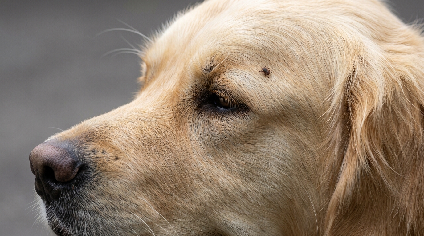 Hund mit Zecke im Gesicht
