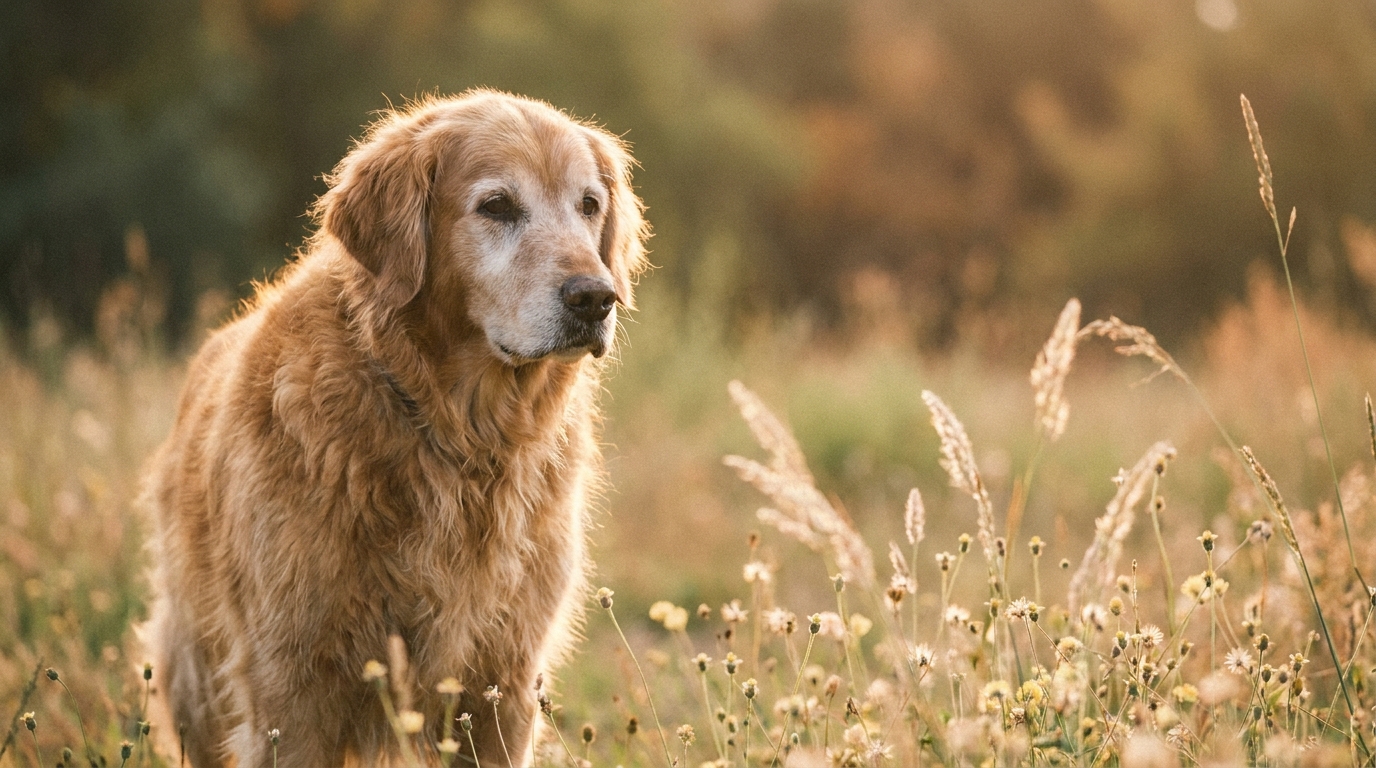 Ein Golden Retriever steht auf einer Wiese