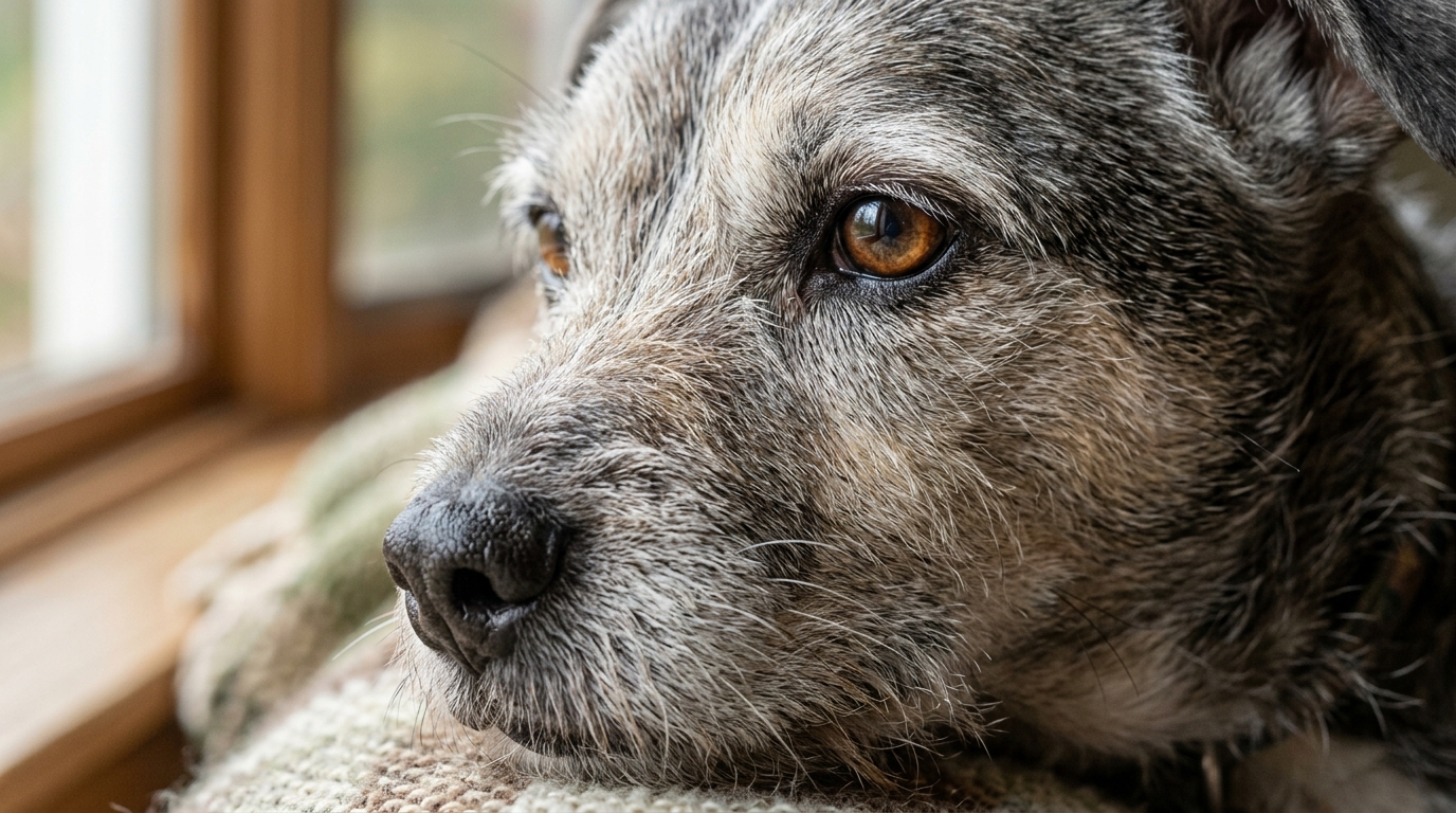 Nahaufnahme eines älteren Hundes mit grauer Schnauze und Augen