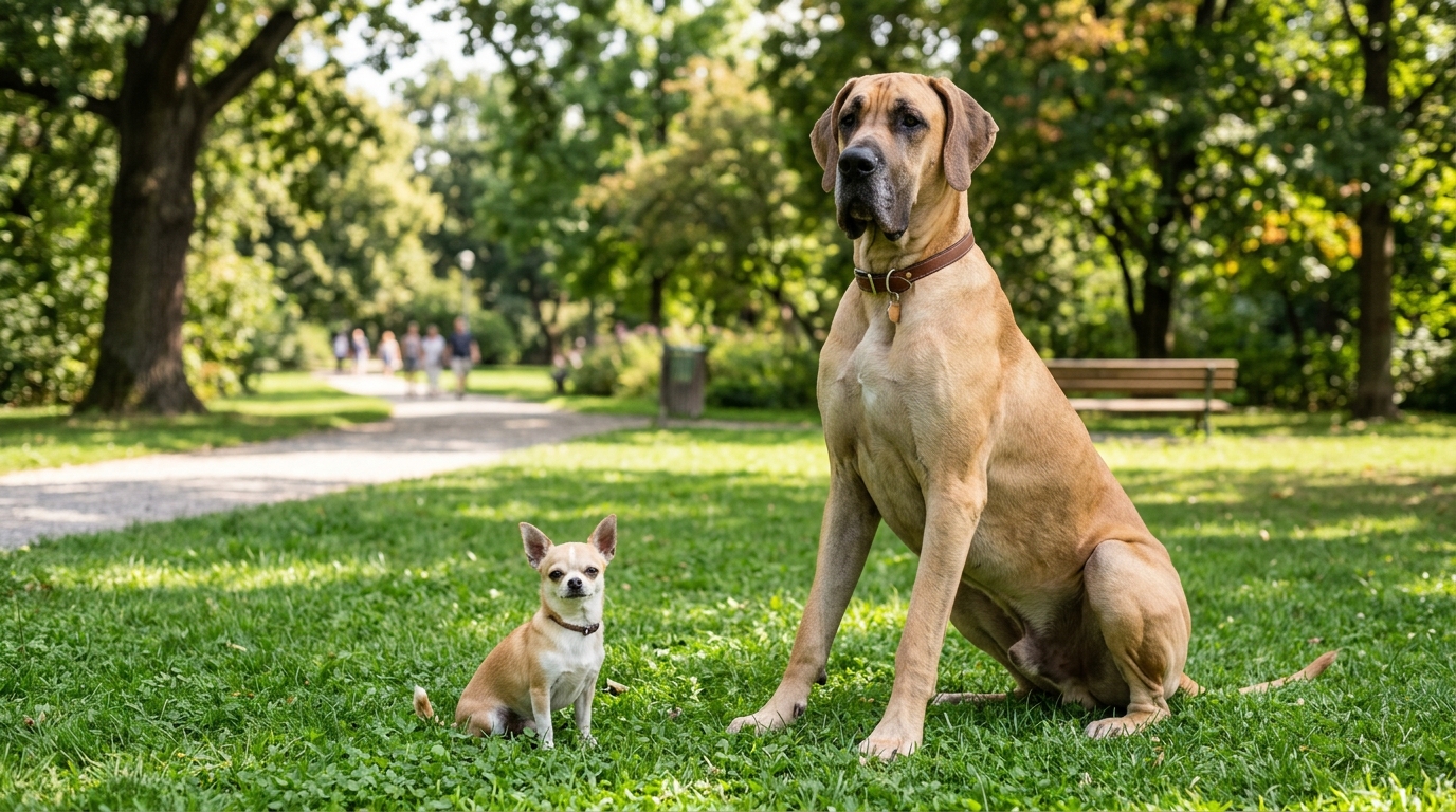 Chihuahua neben einer Deutschen Dogge, Grössenvergleich zweier Hunde