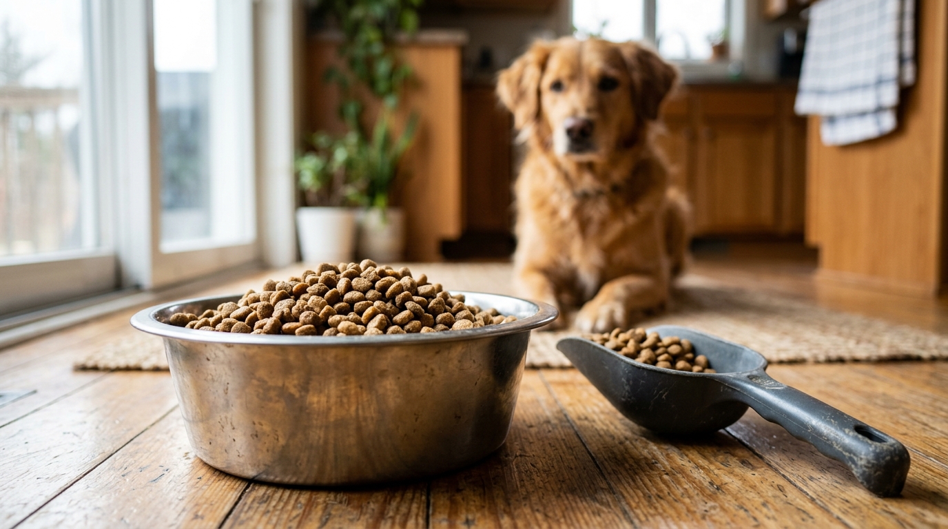 Hundenapf mit Trockenfutter, Hund wartet im Hintergrund