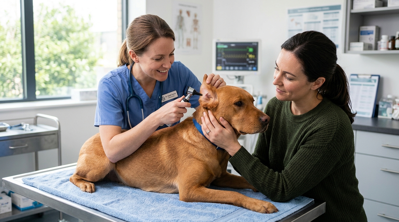 Ruhiger Hund wird von einer Tierärztin untersucht