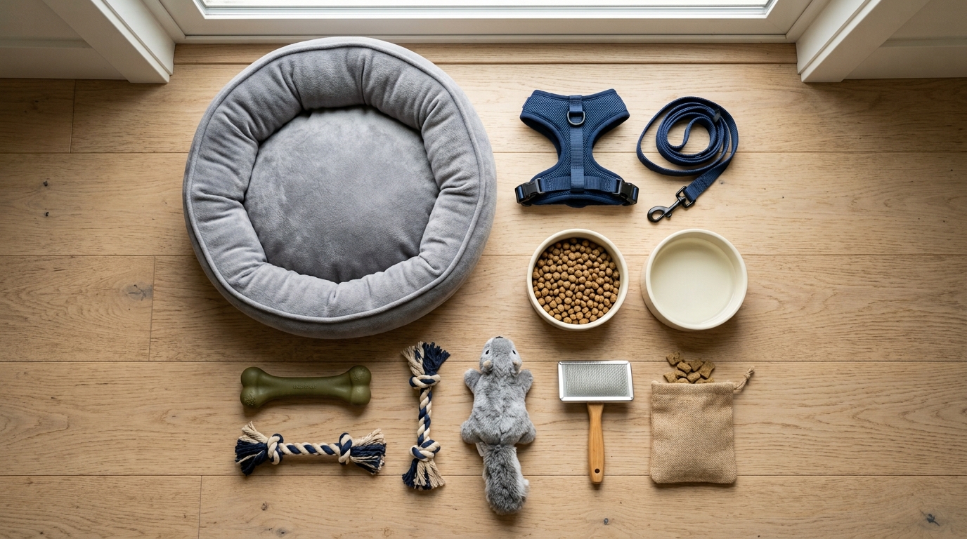Neue Hunde-Erstausstattung mit Bett, Leine, Näpfen und Spielzeug