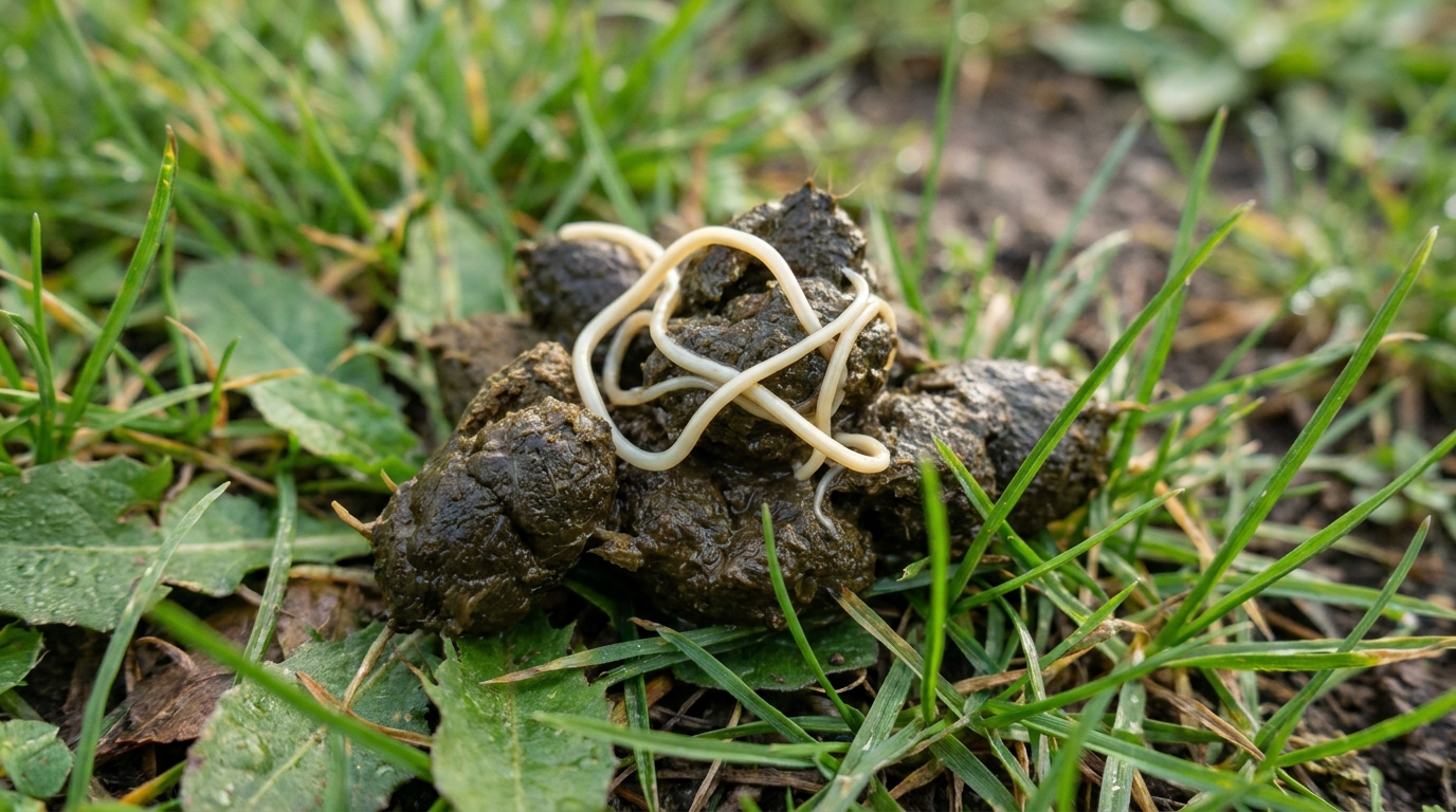 Spulwürmer im Hundekot, helle spaghettiartige Würmer auf einem Hundehaufen im Gras