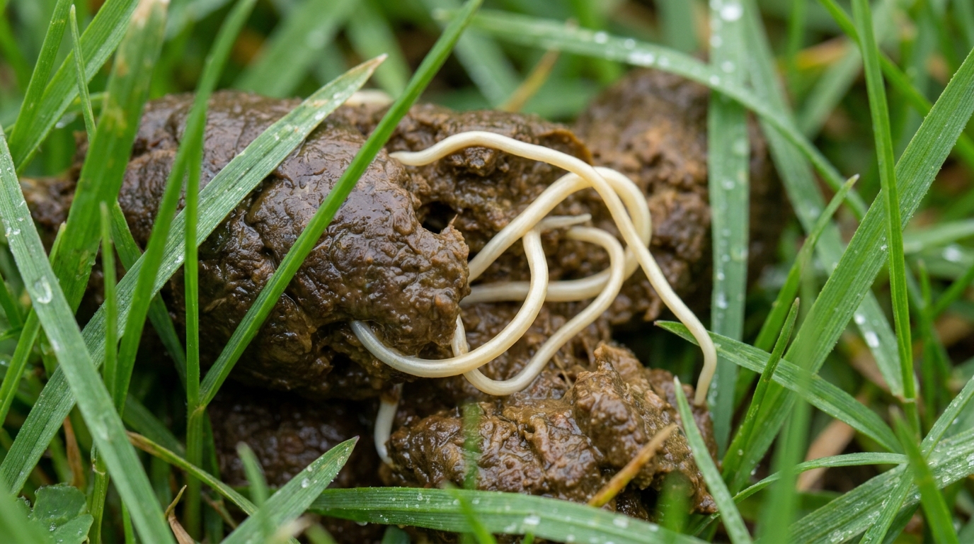 Spulwurm im Hundekot im frischen Grass