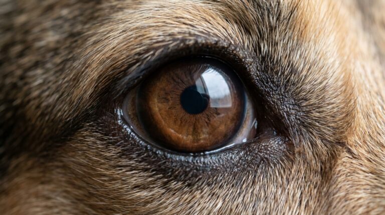 Nahaufnahme eines gesunden, klaren Hundeauges mit brauner Iris