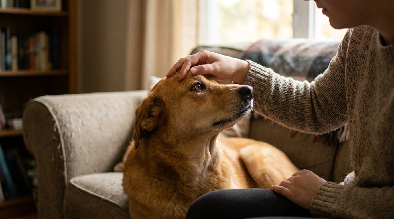 Hundehalterin kontrolliert zu Hause auf dem Sofa aufmerksam das Auge ihres Hundes