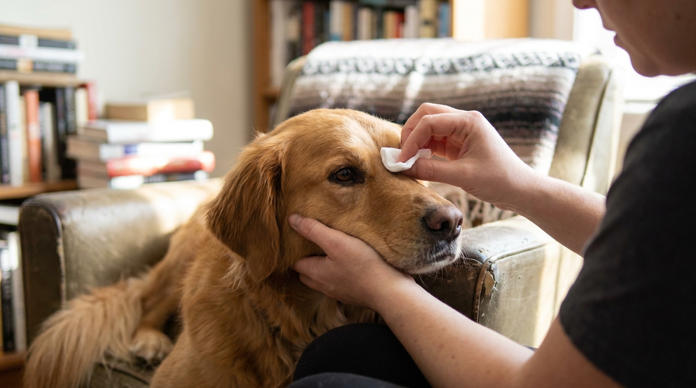 Person reinigt das Auge eines ruhigen Golden Retrievers sanft mit einem weichen Tuch
