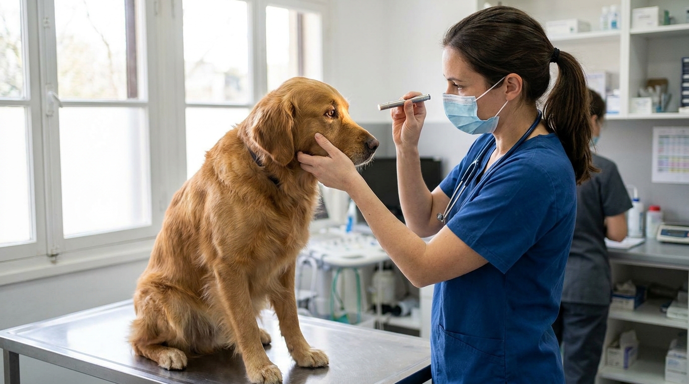 Tierärztin untersucht das Auge eines Hundes mit einer kleinen Lampe in der Praxis