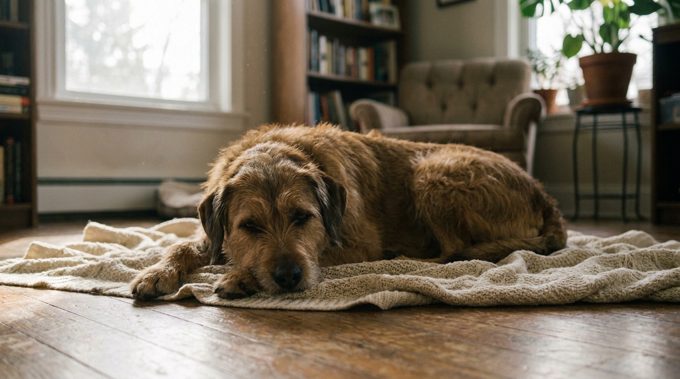 Müder, abgeschlagener Hund liegt ruhig auf einer Decke