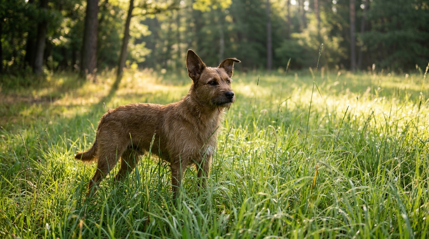 Brauner Hund steht aufmerksam im hohen Gras am Waldrand
