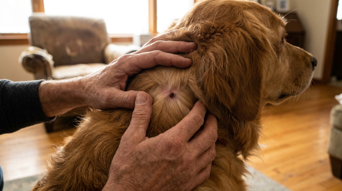 Hände teilen das Fell eines Hundes am Hals zur Zeckenkontrolle