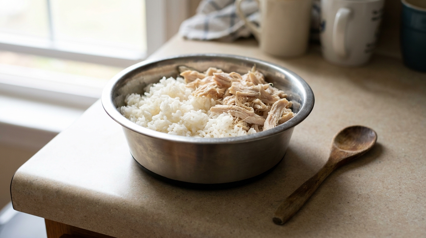 Napf mit gekochtem Hühnchen und Reis als Schonkost bei Durchfall beim Hund