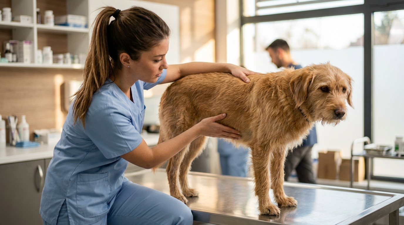 Tierärztin tastet bei einem Hund mit Durchfall den Bauch ab