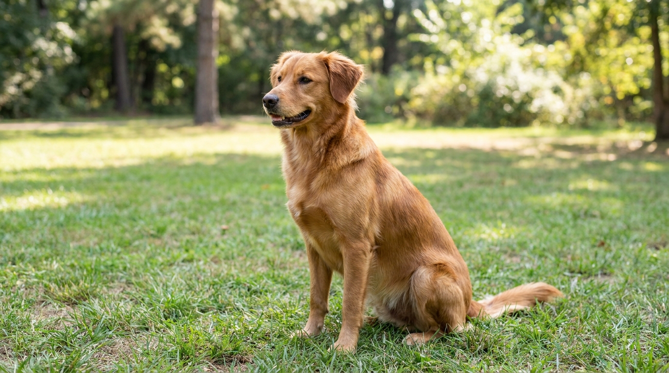 Hund mit glänzendem, gesundem Fell sitzt draussen im Grünen