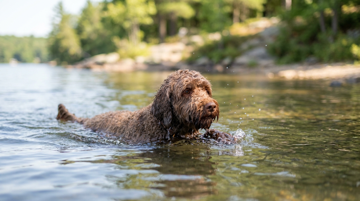 Hund schwimmt in einem klaren See als gelenkschonende Bewegung