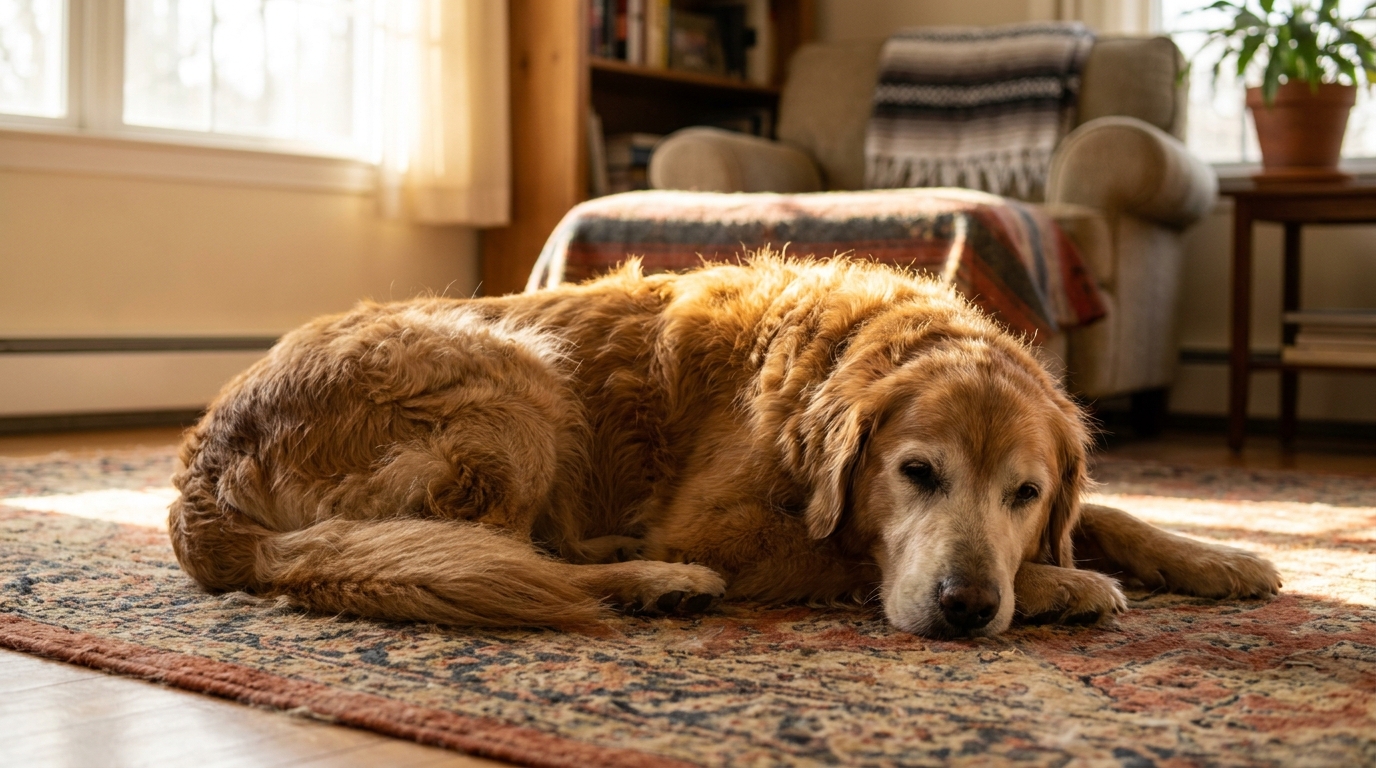 &Auml;lterer Golden Retriever liegt entspannt auf einem Teppich im Wohnzimmer