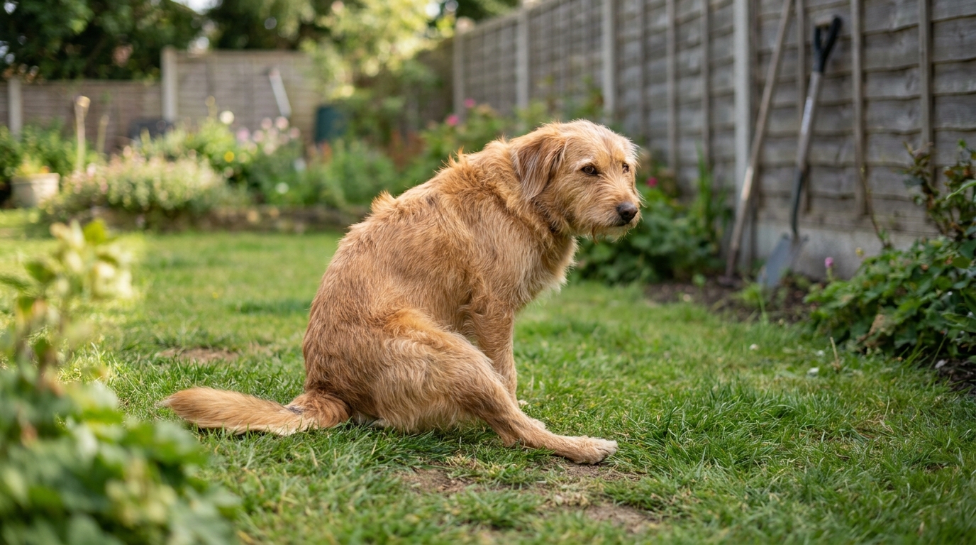 Hund rutscht mit dem Po über den Rasen, typisches Schlittenfahren