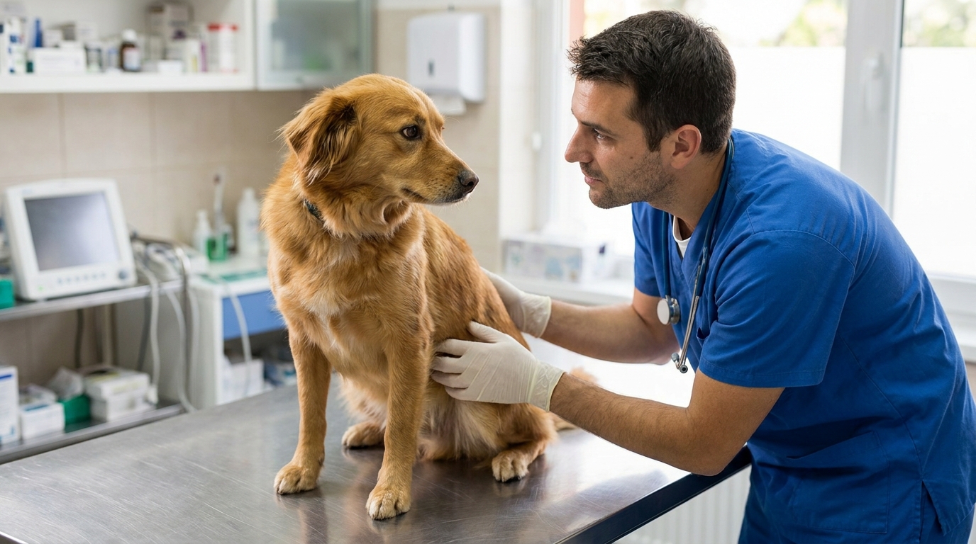 Tierärztin untersucht ruhigen Hund auf dem Behandlungstisch