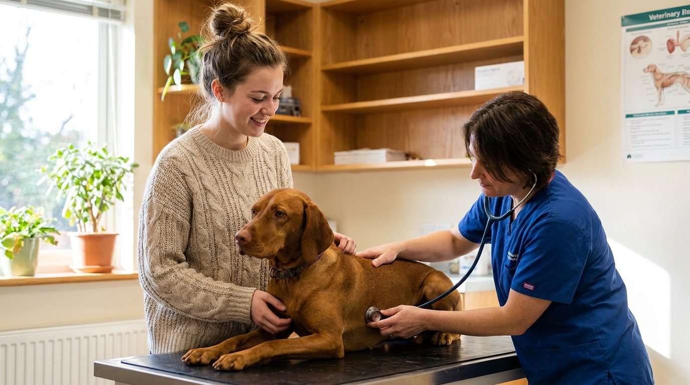 Tierärztin untersucht einen ruhigen Hund neben seiner Besitzerin im Behandlungszimmer