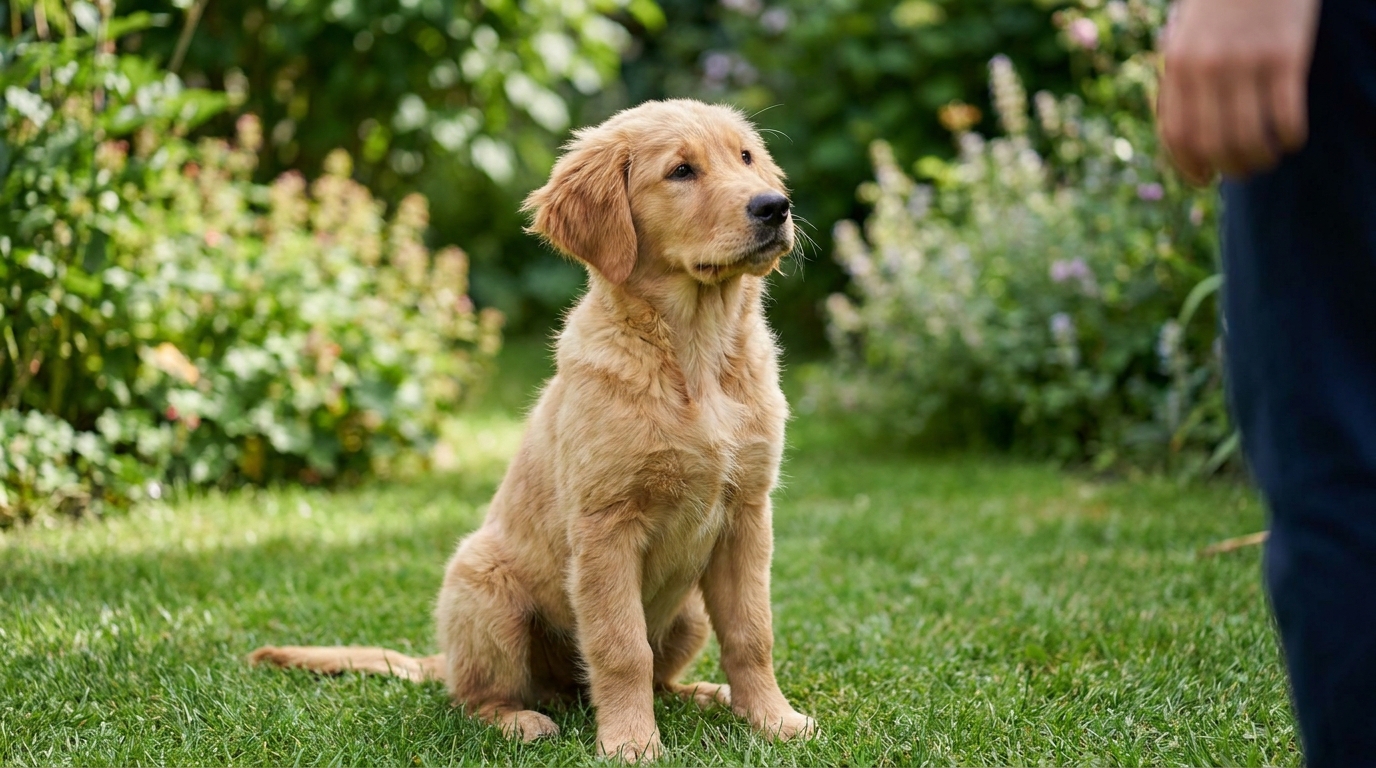Junger Golden Retriever sitzt aufmerksam im Garten