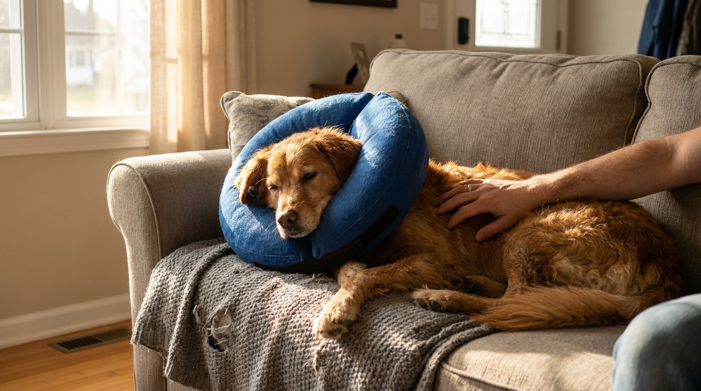 Hund mit weichem Halskragen ruht nach der Operation entspannt auf dem Sofa