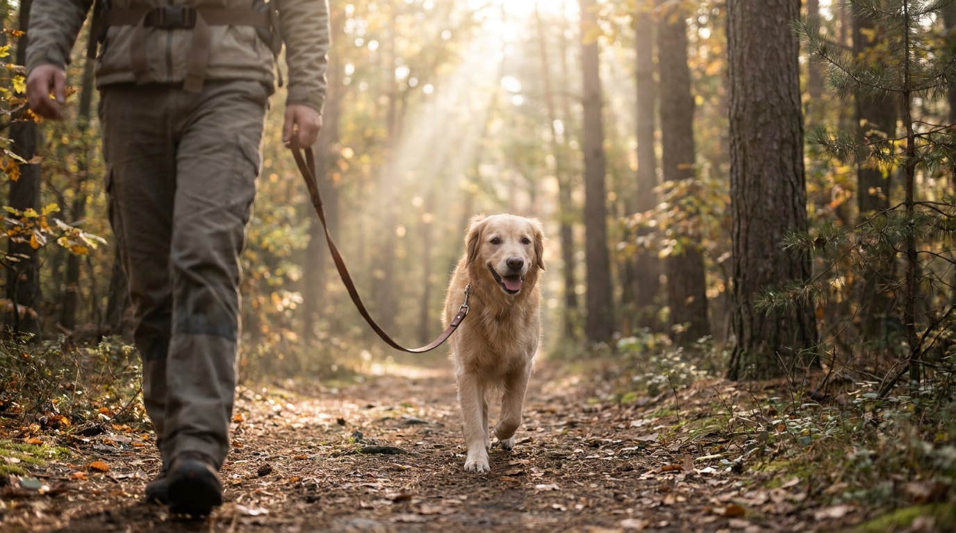 Gesunder Hund geht an lockerer Leine mit seinem Besitzer auf einem Waldweg