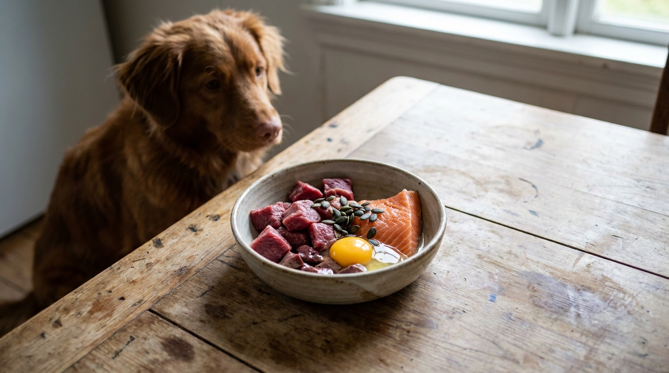 Napf mit zinkreichem Futter wie Fleisch, Fisch, Ei und Kürbiskernen neben einem Hund