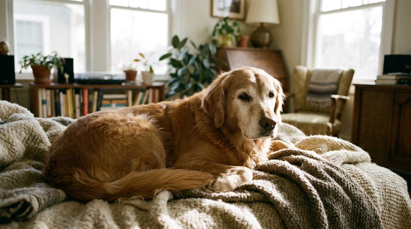 Ruhender Seniorhund mit ergrautem Fang