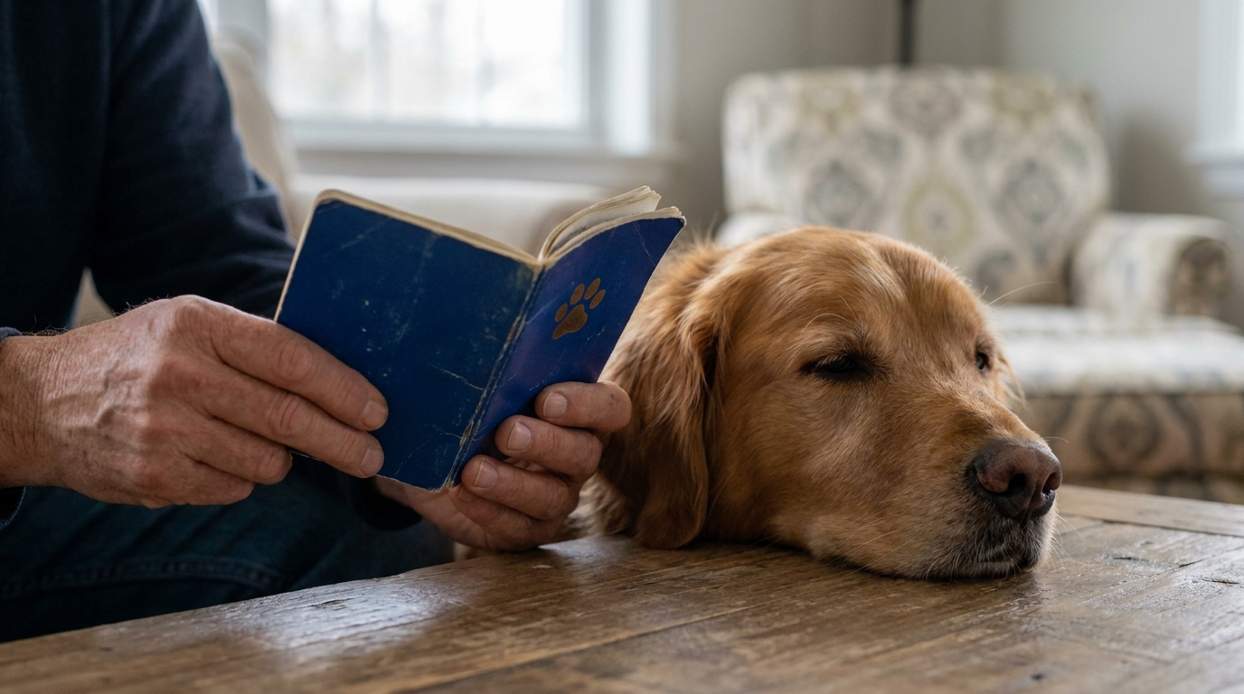 Hände halten einen blauen EU-Heimtierausweis neben einem ruhenden Hund
