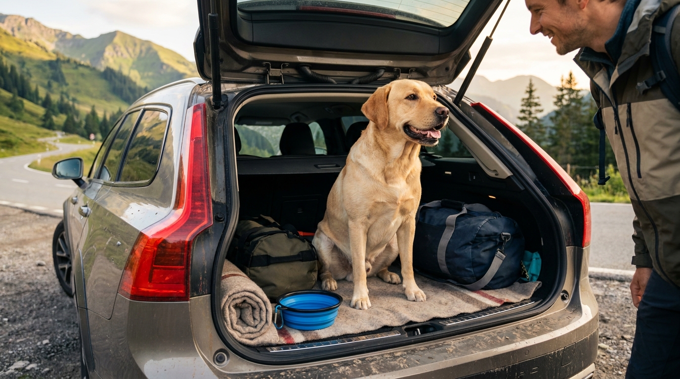 Hund sitzt reisefertig im Kofferraum eines Autos vor Alpenkulisse