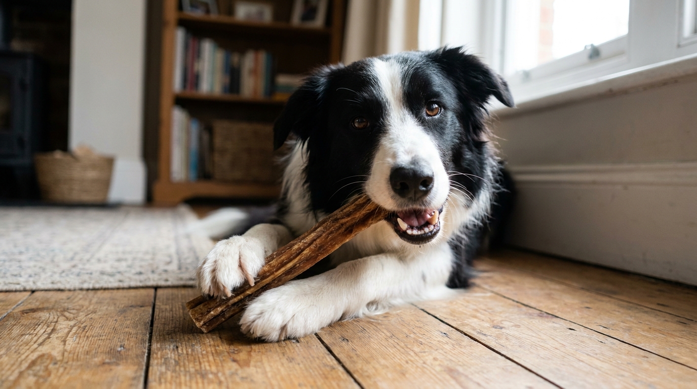 Border Collie liegt am Boden und kaut einen Dental-Kausnack