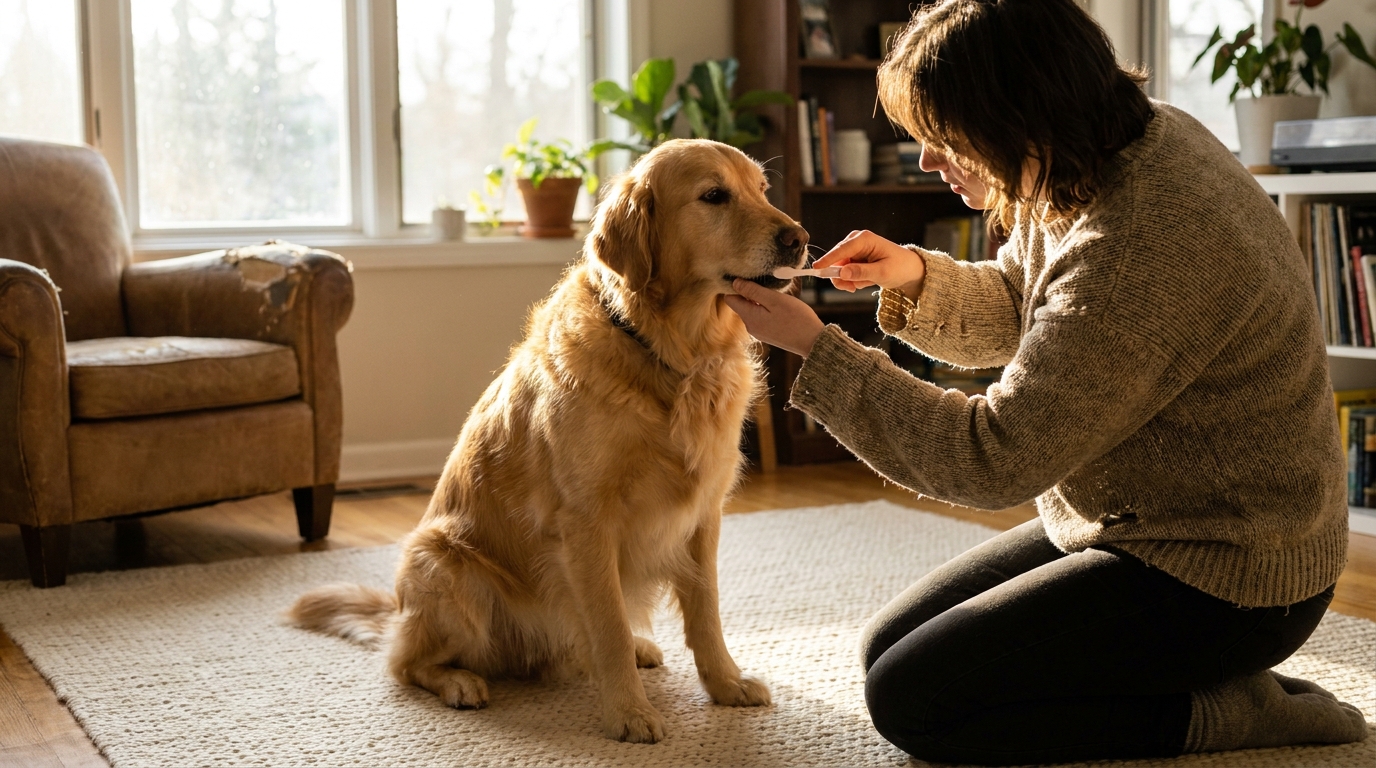 Frau putzt ihrem Golden Retriever mit einer Hundezahnbuerste die Zaehne