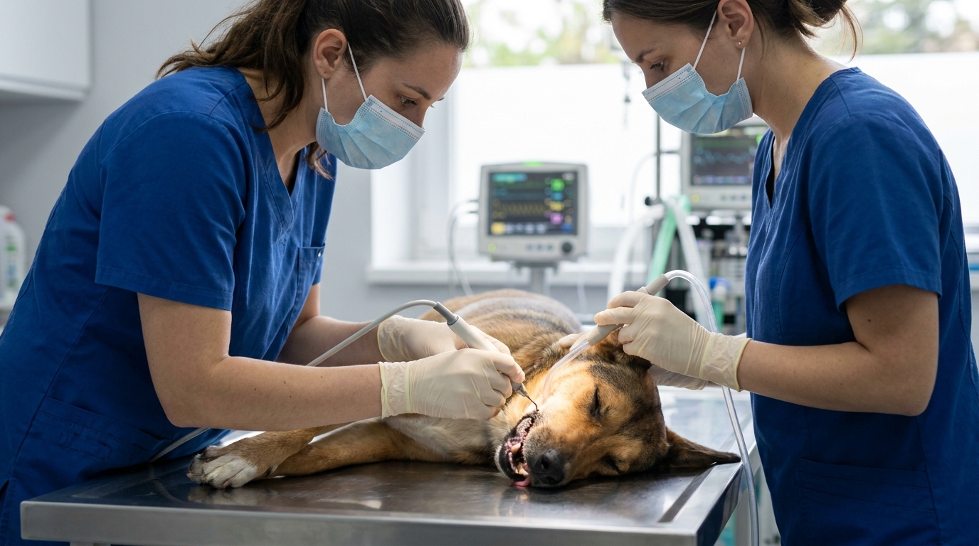 Tieraerztliches Team bei der professionellen Zahnreinigung eines Hundes unter Narkose mit Ultraschall