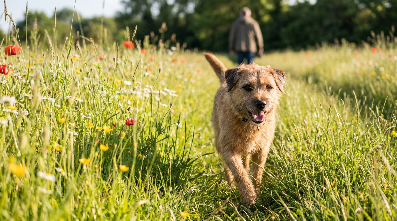 Hund läuft durch eine hohe Frühlingswiese, ein typischer Ort für Zecken
