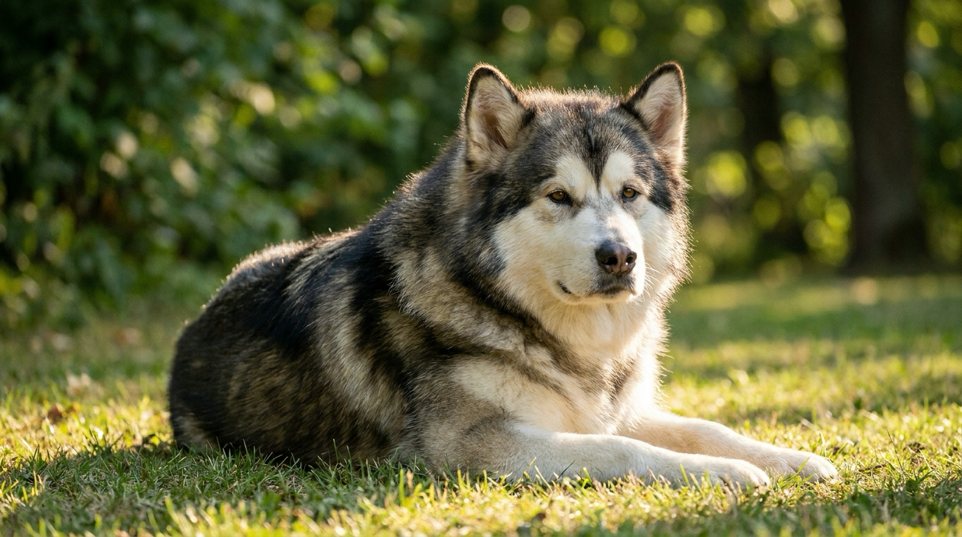 Siberian Husky mit dichtem, gesundem Fell liegt entspannt draussen auf einer Wiese