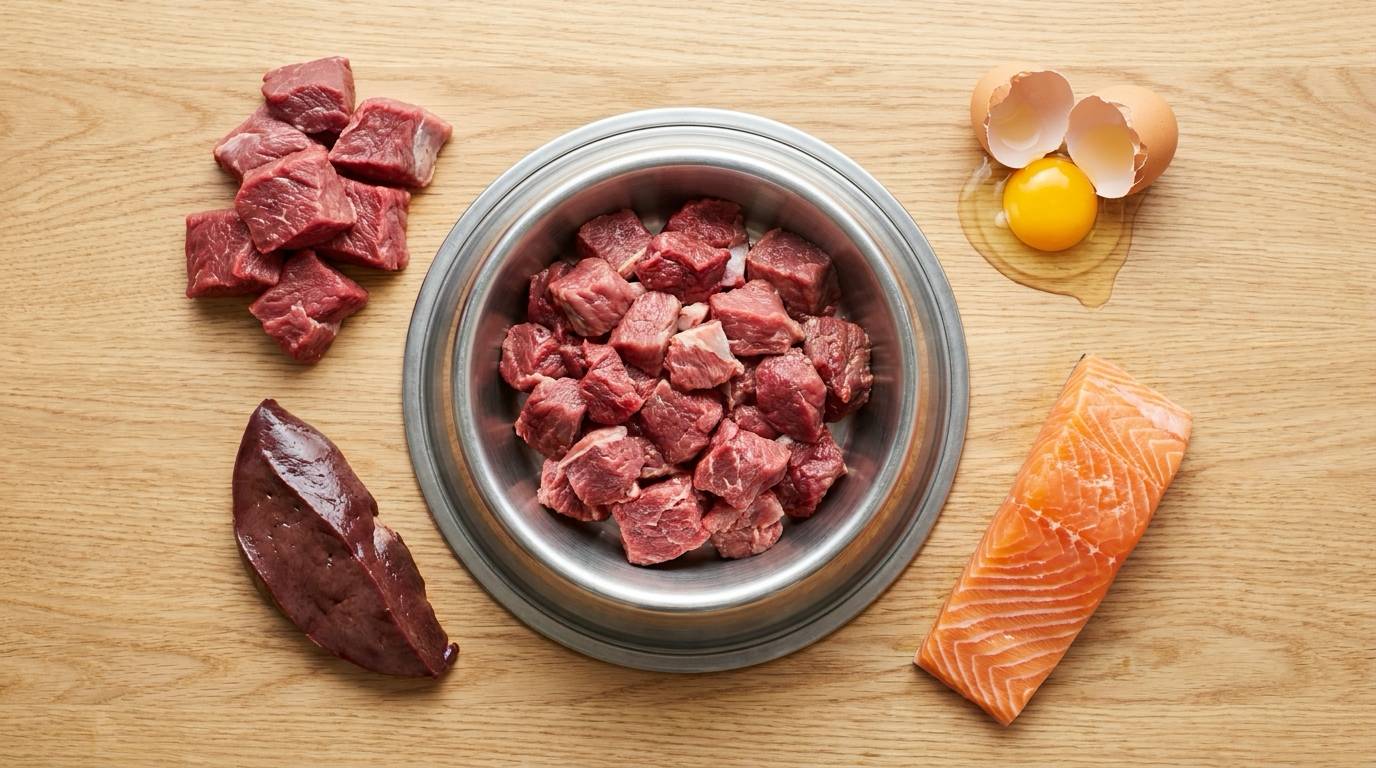 Napf mit zinkreichen Futterzutaten für Hunde, rotes Fleisch, Innereien und Fisch auf einer hellen Fläche